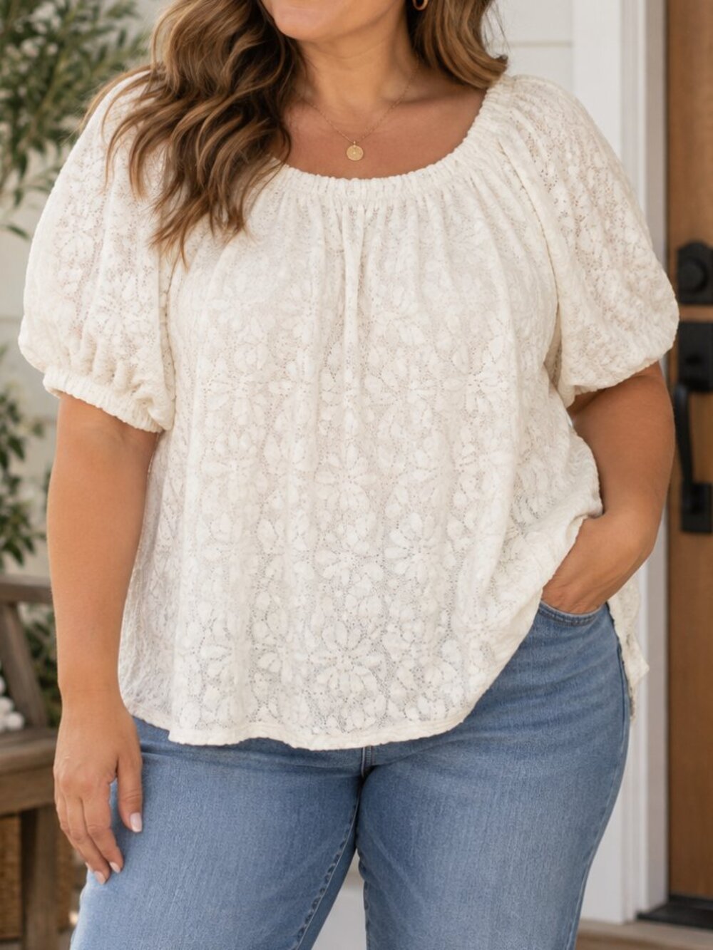 NWT Sonoma Ivory Floral Lace Puff Sleeve Dolman Top Romantic Peasant Cottage - L